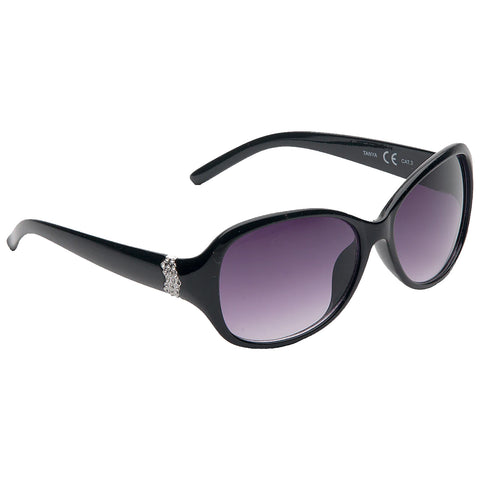 Black sunglasses with a sleek design and gradient lenses feature decorative rhinestones on the sides resting on a smooth surface against a neutral background.