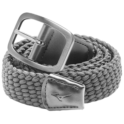 A braided gray belt is coiled with a rectangular metallic buckle resting atop it in a neutral background showcasing its texture and design suitable for casual or formal wear.