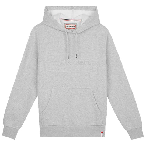 A gray hoodie with a hood and front pocket features an embossed text logo reading HUNTER on the front, designed for casual wear in a comfortable and relaxed style.