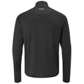 A long-sleeved black shirt is displayed flat with a high collar and a small logo at the back neckline the fabric appears smooth and lightweight without any visible patterns or designs.