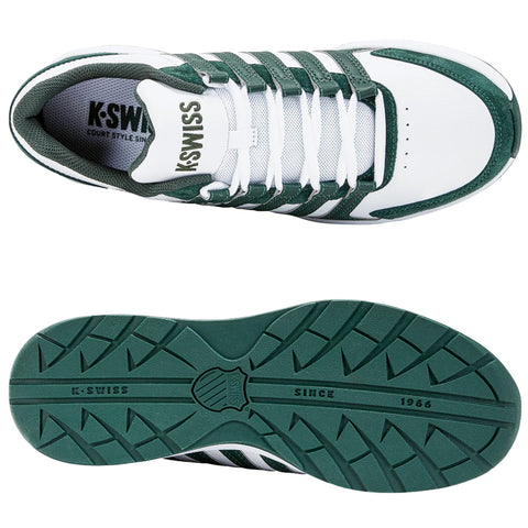 Footwear is displayed with a white and green design featuring stripes and a mesh upper section while the sole showcases a textured pattern and branding indicating the brand and its establishment year.