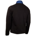 A black sweatshirt with a blue collar is displayed shown from the back resting against a plain white background without any other objects or distractions in the environment.