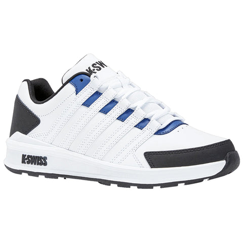 A athletic shoe features a predominantly white design with black and blue accents laced up. It is positioned on a flat surface, showcasing its casual style and sporty appearance.