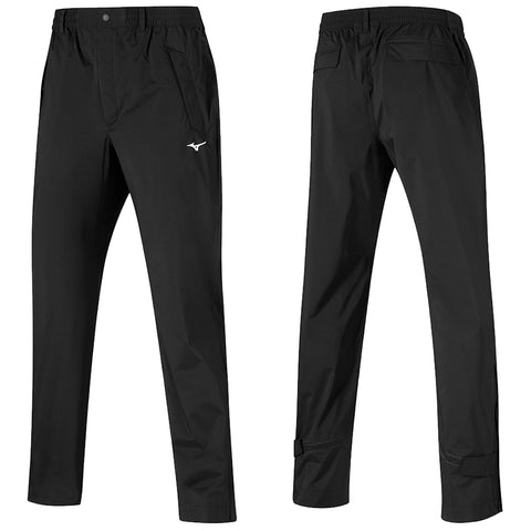 Black athletic pants with an elastic waistband and a logo on the front displayed from both front and back angles showcasing their design and pocket details in a simple presentation