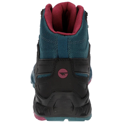 A hiking boot stands upright showcasing a textured dark upper with teal and maroon accents. The boot's rugged sole hints at outdoor activity, set against a plain white background.