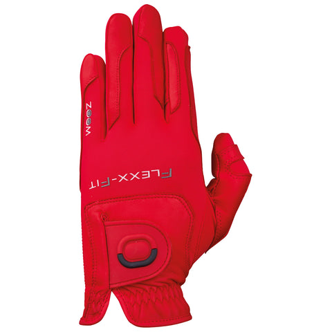 A red glove is positioned with fingers extended showing its design features including a closure mechanism on the wrist and branding text on the back in a neutral setting.