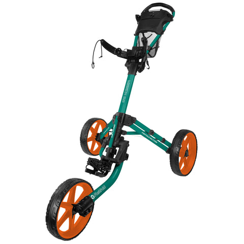 A golf push cart with three wheels features an adjustable handle and a place for storing golf bags it is set against a white background.