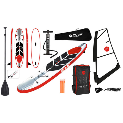 A paddleboard set is displayed including a paddleboard with a sleek design a paddle a pump and a backpack for storage highlighting a sporting context for water activities.