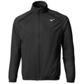 A black windbreaker jacket stands upright showcasing its front zip and high collar the smooth fabric features a subtle sheen with a small logo on the left chest area.