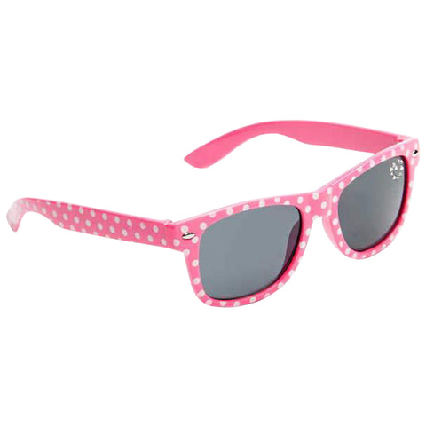 Pink sunglasses with white polka dots rest horizontally with dark lenses reflecting light in a neutral background suggesting a casual summer or playful context.