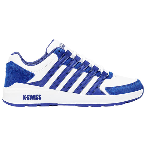 A sneaker features a white and blue color scheme with layered materials and textured surfaces, designed for athletic use, presented against a plain white background.