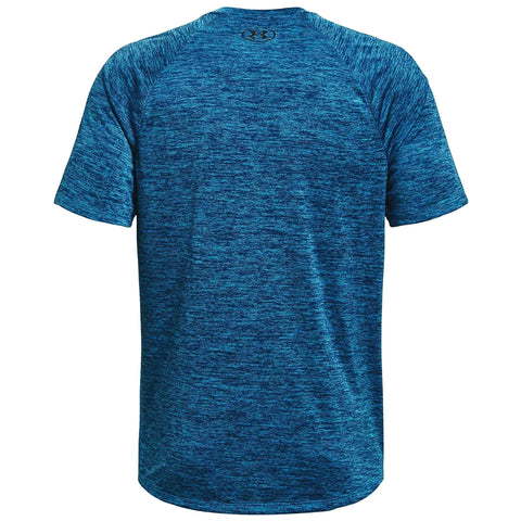 A blue athletic t-shirt is displayed showing a textured fabric with short sleeves and a rounded hem tailored for comfort and movement suitable for sports or workouts.