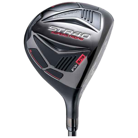 A golf club head with a sleek black design featuring the text STR40 SUPERSTRONG and FW 3/15 is displayed against a plain background, emphasizing its modern and aerodynamic shape.