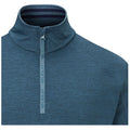 A blue athletic pullover features a high collar and a quarter-length zipper at the front The fabric appears textured with a subtle pattern making it suitable for active wear