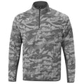 A gray camouflage pullover jacket features a high collar and a quarter-zip front designed for outdoor activities in a casual or sporty context, showcasing a modern and functional style.