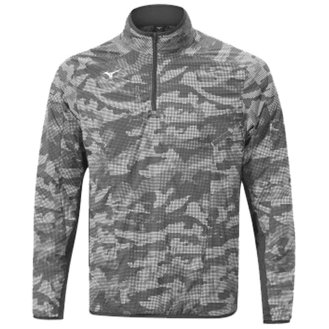 A gray camouflage pullover jacket features a high collar and a quarter-zip front designed for outdoor activities in a casual or sporty context, showcasing a modern and functional style.