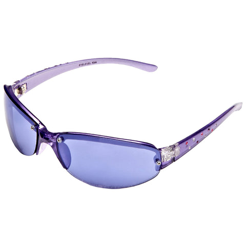 Purple sunglasses with curved lenses are displayed at an angle showcasing their sleek design and decorative elements on the arms set against a plain background