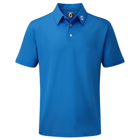 A bright blue polo shirt with a collar and two buttons is displayed against a plain background showcasing its smooth fabric and the logo on the collar