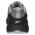 A gray and black athletic shoe displays its rear view, featuring a padded collar and a prominent pull tab, situated against a plain white background.