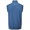 A sleeveless blue golf vest is displayed from the back featuring a high collar and a logo on the back near the neck suggesting a sporty context suitable for outdoor activities.