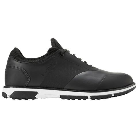 Black athletic shoe displayed from the side showcasing a smooth leather exterior with a textured panel and a white sole designed for traction and comfort.