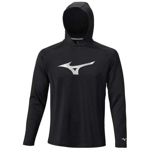 A black long-sleeve hoodie is displayed prominently featuring a large silver logo on the front and a fitted hood, suggesting a sporty design suitable for active wear.