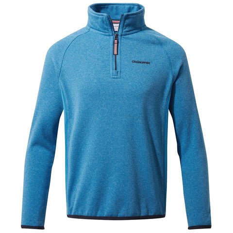 A blue fleece pullover with a quarter zip is displayed prominently featuring long sleeves and a high collar suitable for casual or outdoor wear. The brand logo is visible on the chest.