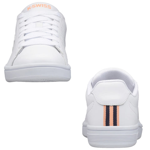 White sneakers are displayed from the front and back with laces threaded through the tongue The back features two vertical stripes in orange and black with K-Swiss branding on the tongue