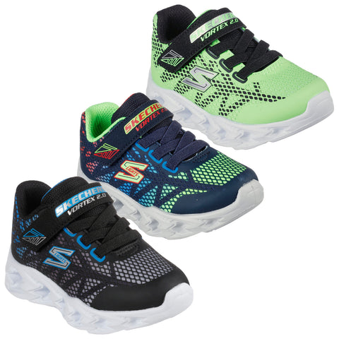 Three pairs of Skechers Vortex 2.0 shoes in green black and navy colors are displayed side by side showing mesh design and light-up features ideal for children’s active wear