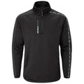 A black quarter-zip fleece pullover features long sleeves with contrasting side panels and a small zippered pocket on the chest showcasing a logo along the zipper line.