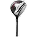 A golf driver is positioned upright showing a sleek metallic clubhead with a textured surface and a long black shaft designed for striking golf balls on a course or driving range.