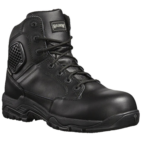 A black tactical boot made of smooth leather with mesh panels features eyelets for laces and reinforced toe cap designed for durability and support in rugged environments.