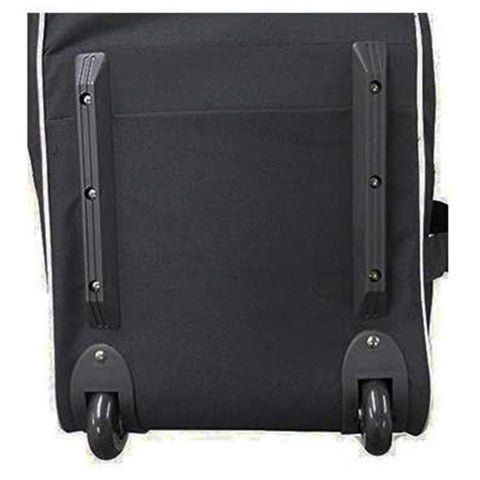 A black rolling suitcase features two sturdy wheels and protective side panels. It is set against a plain background, suitable for travel, with visible stitching and design details.