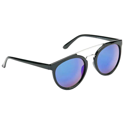 Sunglasses are displayed prominently with a black frame and blue-tinted lenses that reflect light creating a stylish appearance suitable for sunny environments.