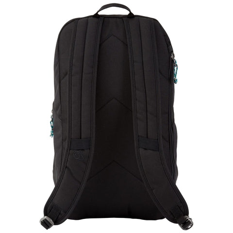 A black backpack is displayed upright with padded straps and a top handle visible its zippers are partially open suggesting it is ready for use in a casual or travel setting