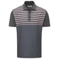 A short-sleeved polo shirt features a dark gray body with horizontal stripes in varying shades, including pink. The shirt has a collar and three buttons at the neck.