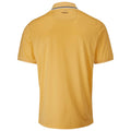 A yellow short-sleeved polo shirt is displayed hanging flat with a collar and a subtle black stripe on the edge the brand name Farah is visible on the back near the neck area