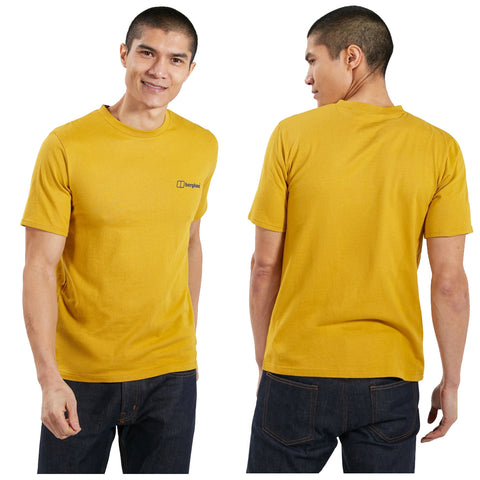 A young man wearing a vibrant yellow t-shirt smiles while showcasing the front and back views of his shirt, set against a plain white background.