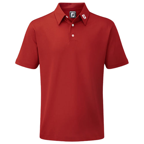 A red polo shirt features a collar and short sleeves with a logo on the collar. It is displayed against a plain background, emphasizing its design and color.