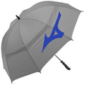 A gray umbrella covers a large area with a blue logo prominently displayed on the fabric the handle is black indicating it is designed for protection against rain or sun.