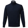 A dark blue sweater with a high collar features a quarter zipper and ribbed cuffs. The sweater is presented on a plain background, highlighting its design and texture.