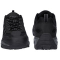 Black athletic shoes are positioned upright facing forward and backward showcasing a mesh and rubber design with laces and rear pull tab in a neutral background