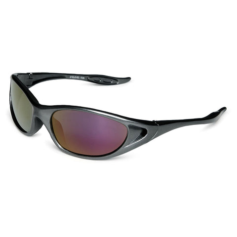 Black sunglasses with curved lenses reflecting a gradient of colors are positioned in a slight angle on a plain background showcasing their streamlined design suitable for outdoor activities.