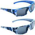 Eyelevel Kids Camo Sunglasses Blue camouflage sunglasses are displayed from two angles showcasing gray lenses and a vibrant pattern while emphasizing a sporty design suitable for outdoor activities.