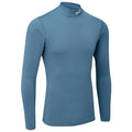 A long-sleeved, fitted top in a muted blue color is displayed upright showcasing its high collar and smooth fabric texture suggesting a purpose for athletic or casual wear.