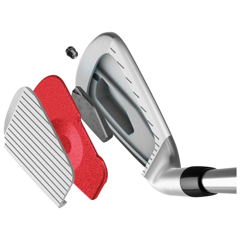 A golf club head is shown in a disassembled view highlighting internal components including a red insert and a metal backing with grooves indicating the striking surface in a neutral background.