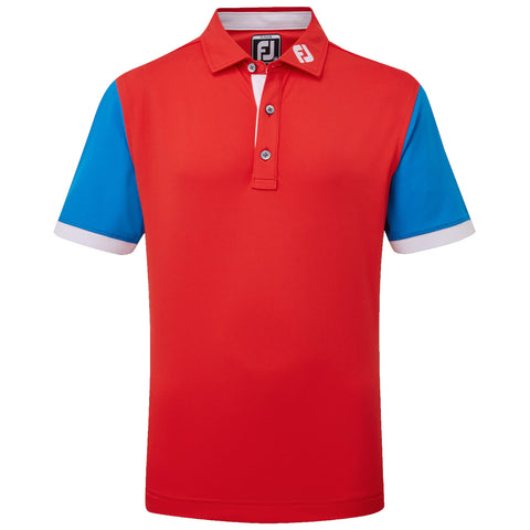 A red polo shirt with blue short sleeves features a white collar and a logo on the left side. It is designed for casual or athletic wear.