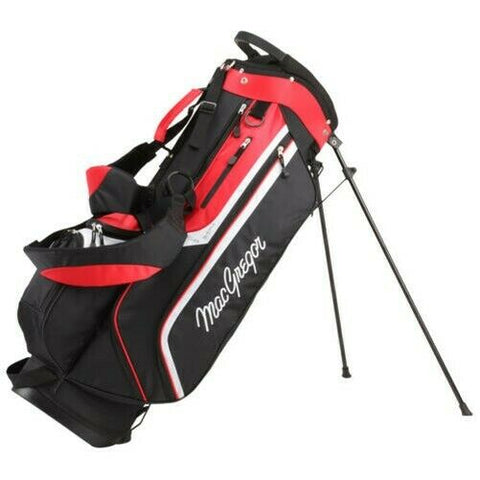 A black and red golf bag with straps stands upright on two legs. It holds golf clubs and has compartments for accessories, set against a neutral background.