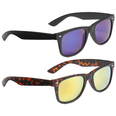 Two pairs of sunglasses are displayed with one pair above the other. The black sunglasses have purple lenses while the tortoiseshell pair below features yellow-green lenses. Both have a modern style.