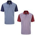 Two polo shirts displayed side by side with geometric patterns on the front The left shirt is blue and white while the right shirt features a red and white design